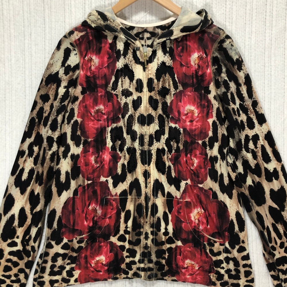 Hoodie Full Zip Leopard Rose Print Rhinestone Accents Jacket‎ Women's Size Large